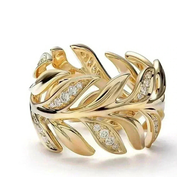 Gorgeous 18k Gold Over Sterling Silver Diamond Leaf Band - Picture 3 of 4